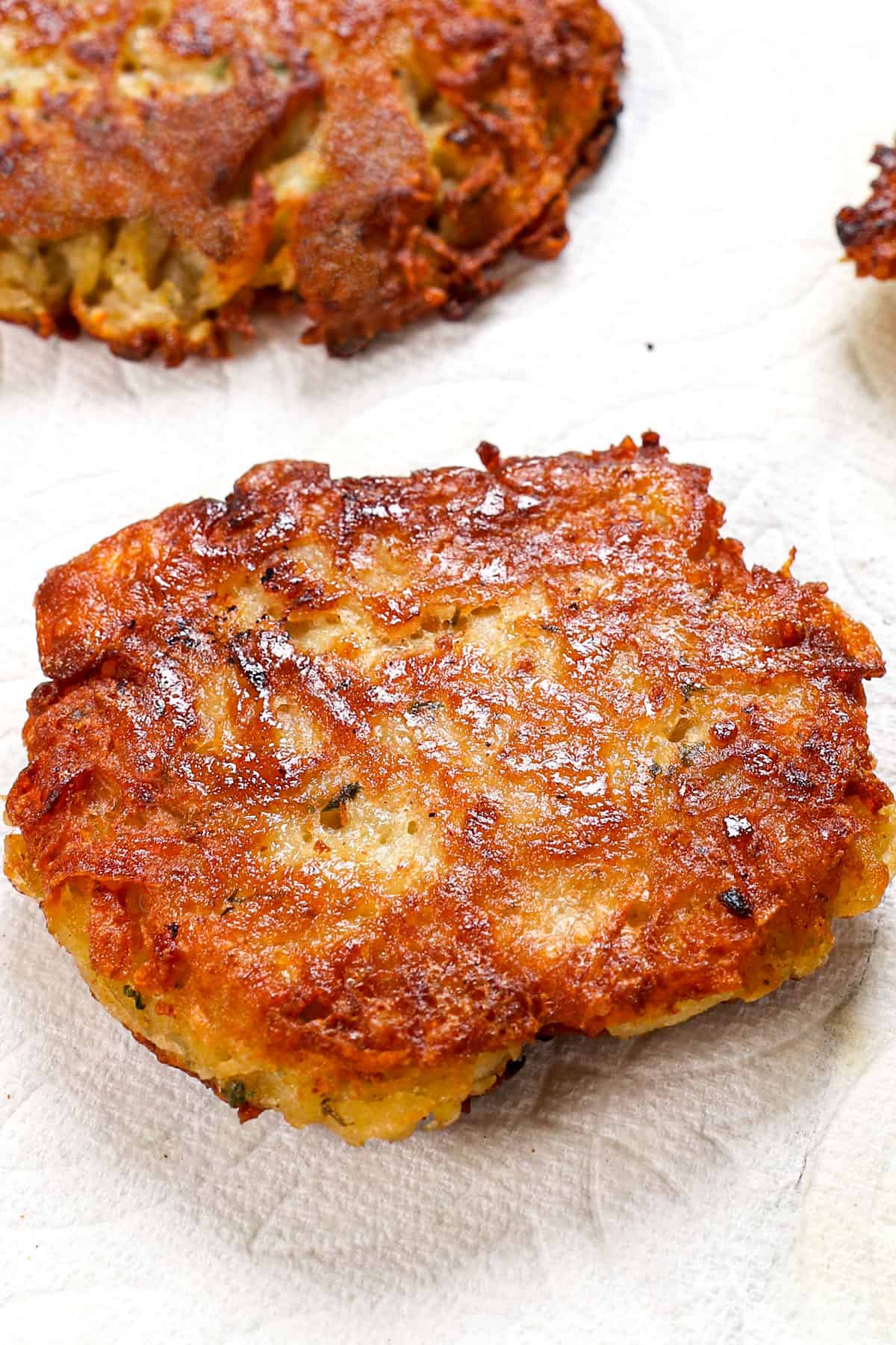 up close of a potato pancake showing how crispy it is