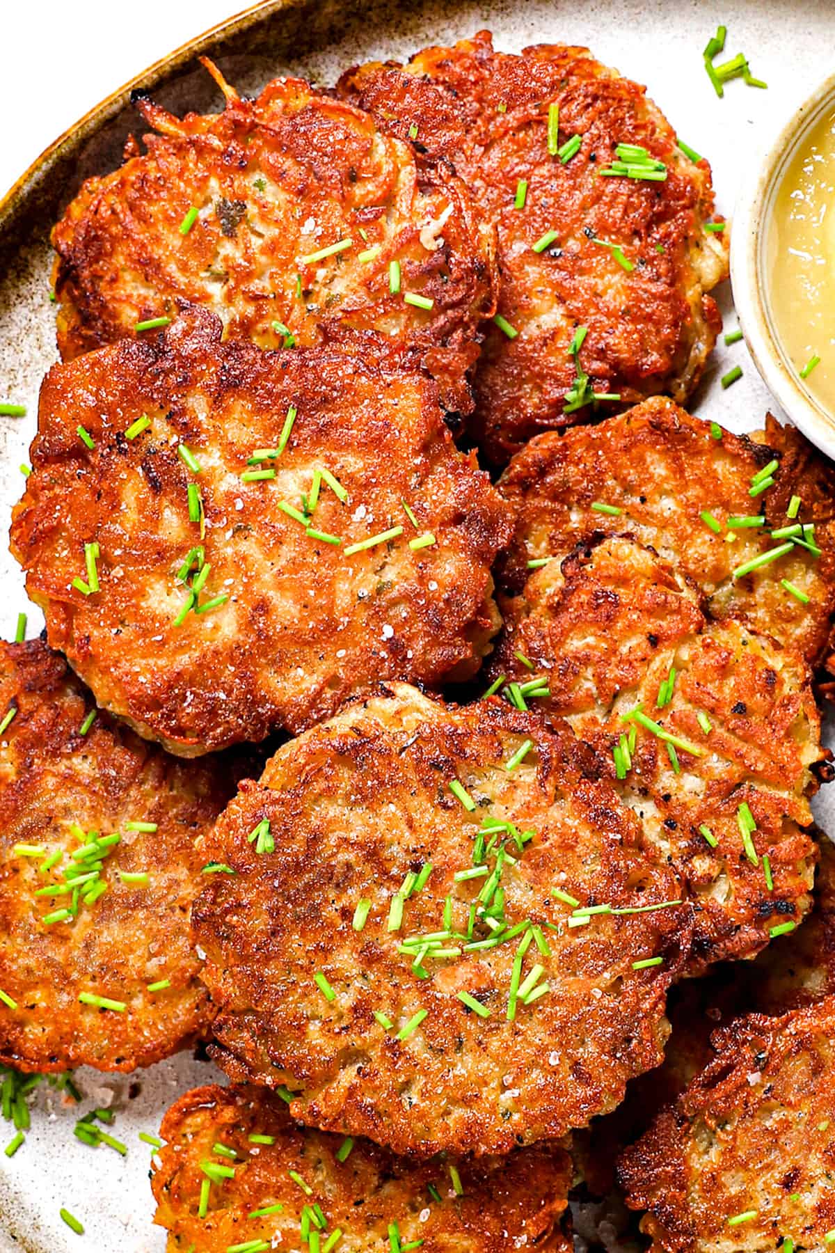 up close of potato pancake recipe showing how crispy they are