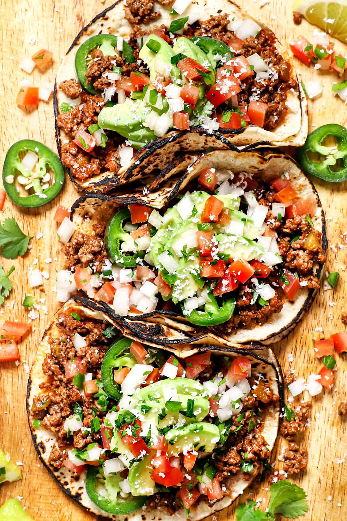 top view of best taco meat lined in tacos