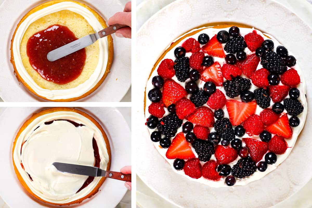 showing how to make Chantilly cake by layering cake with jam, followed by Chantilly cream, followed by berries