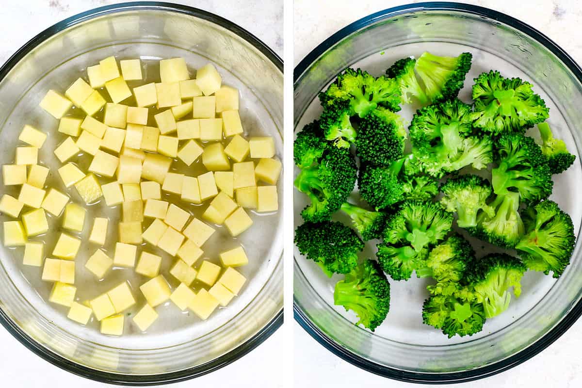 showing how to make egg muffins by steaming potatoes and broccoli