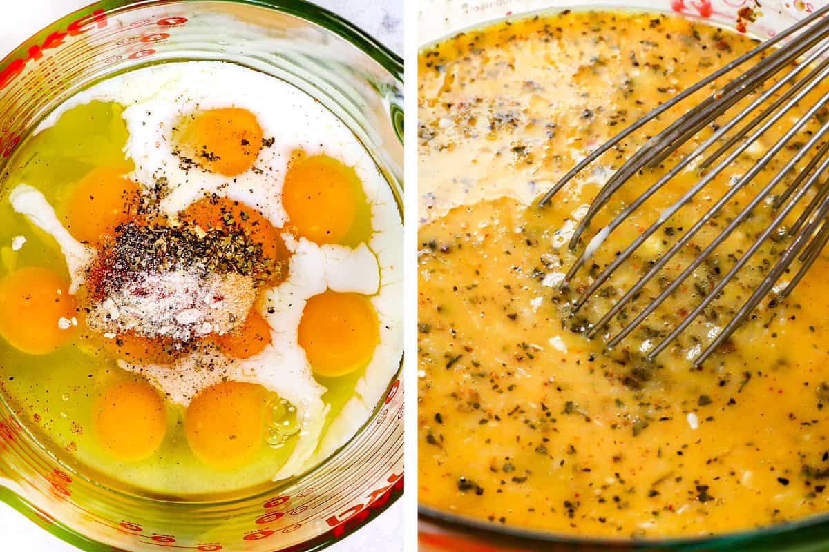 showing how to make egg muffins by whisking eggs, half and half and spices together to make custard