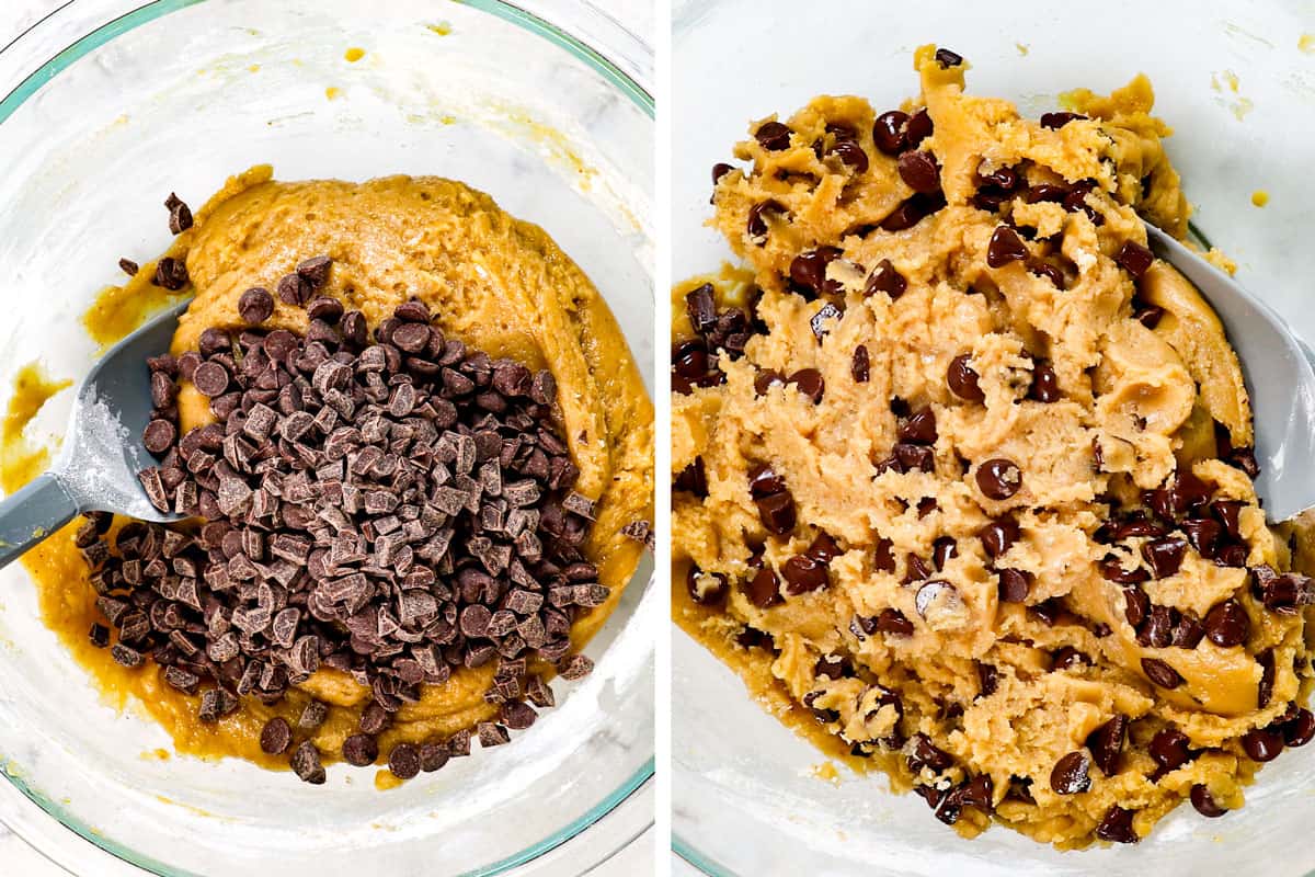 showing how to make pizookie recipe by adding chocolate chips and chocolate chunks to the dough