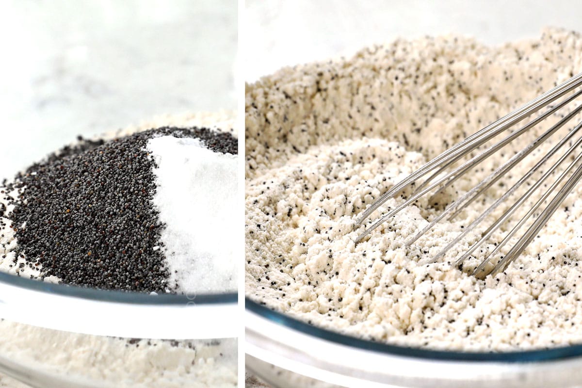 showing how to make lemon poppy seed cake by whisking the flour, poppy seeds and baking powder together