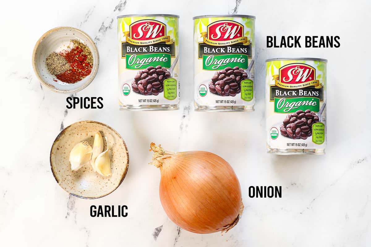 top view of black bean recipe ingredients: black beans (dried or canned), onion, garlic, chili powder, ground cumin, dried oregano, salt, pepper, cayenne pepper