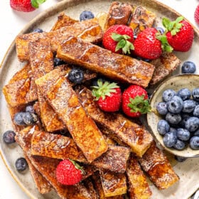 top view of serving French toast sticks recipe on a platter