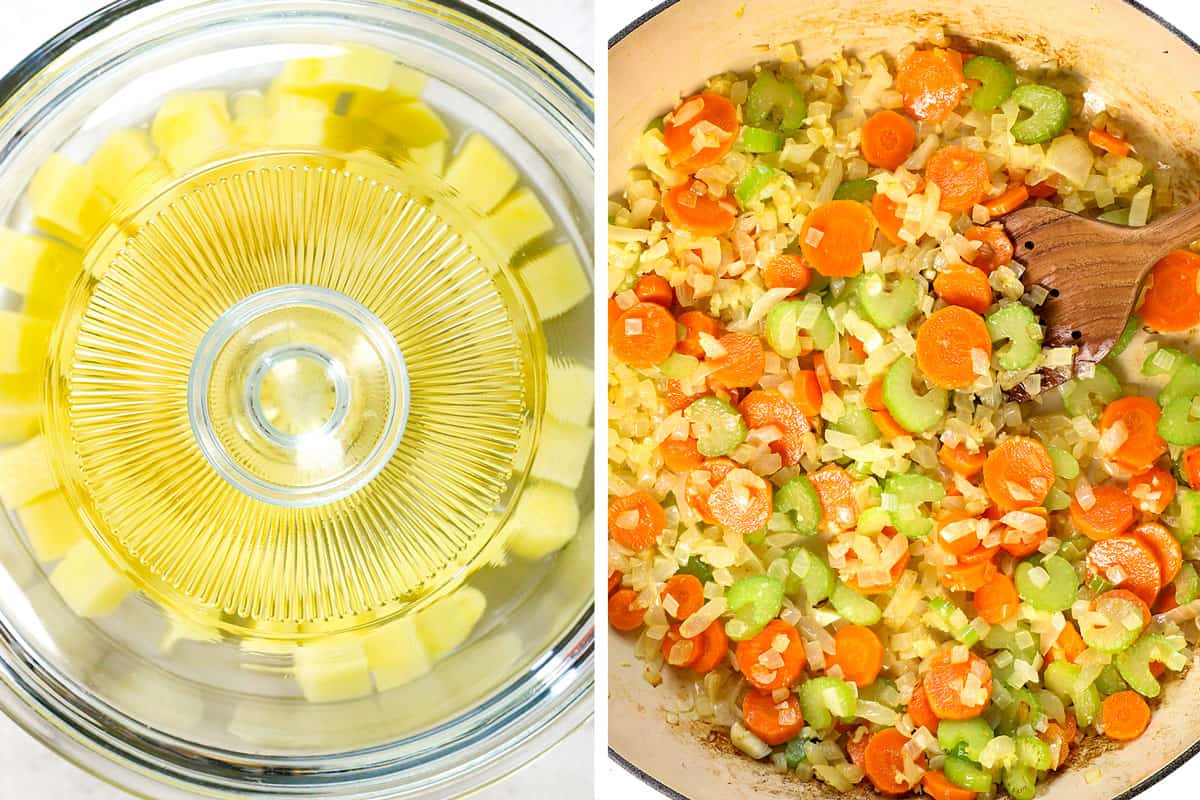 showing how to make chicken pot pie from scratch by steaming the potatoes then sautรฉing the vegetables