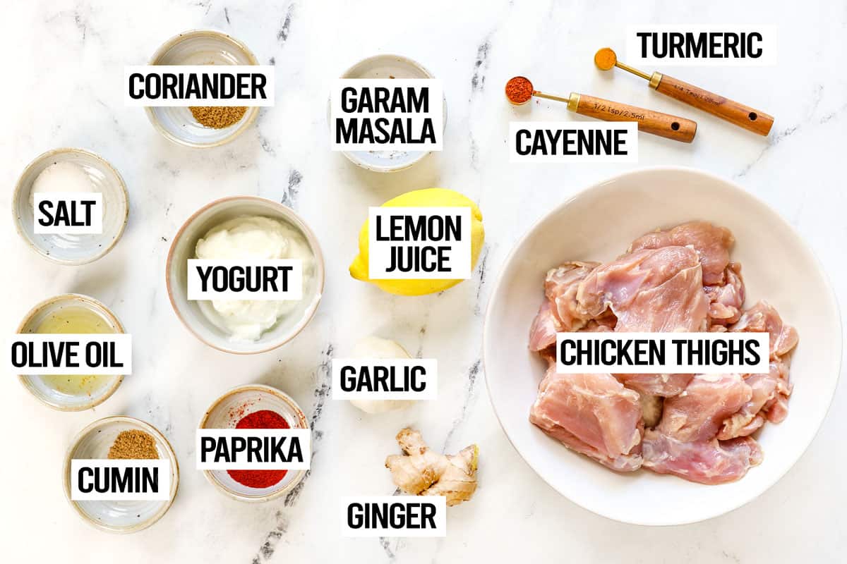 showing chicken marinade ingredients for biryani: chicken thighs, yogurt, lemon juice, ginger, garlic, cayenne, turmeric, garam masala, coriander, cumin, paprika, paprika