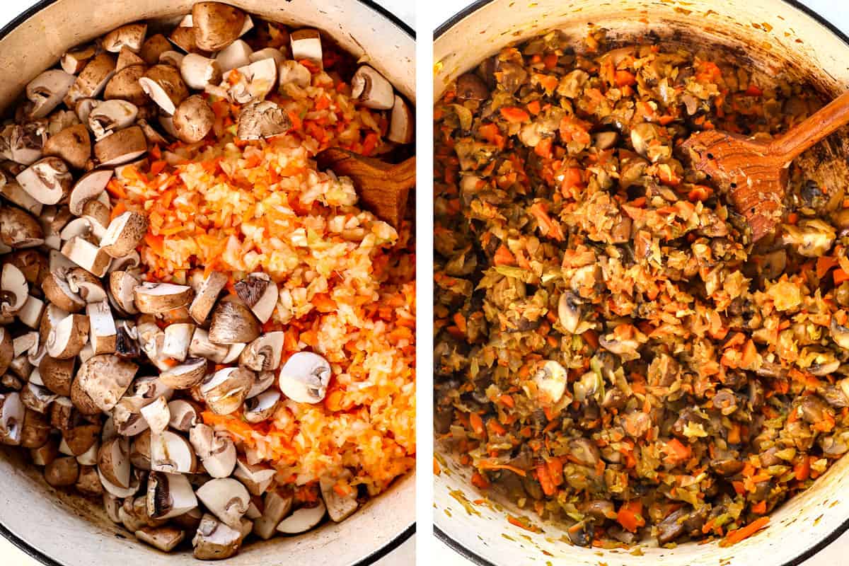 showing how to make how to make mushroom soup by adding the vegetables to the pot and sautรฉing until the onions are tender