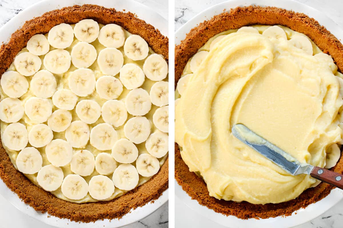 showing how to make Banana Cream Pie by adding another layer of bananas over the custard, then topping with another layer of banana cream custard