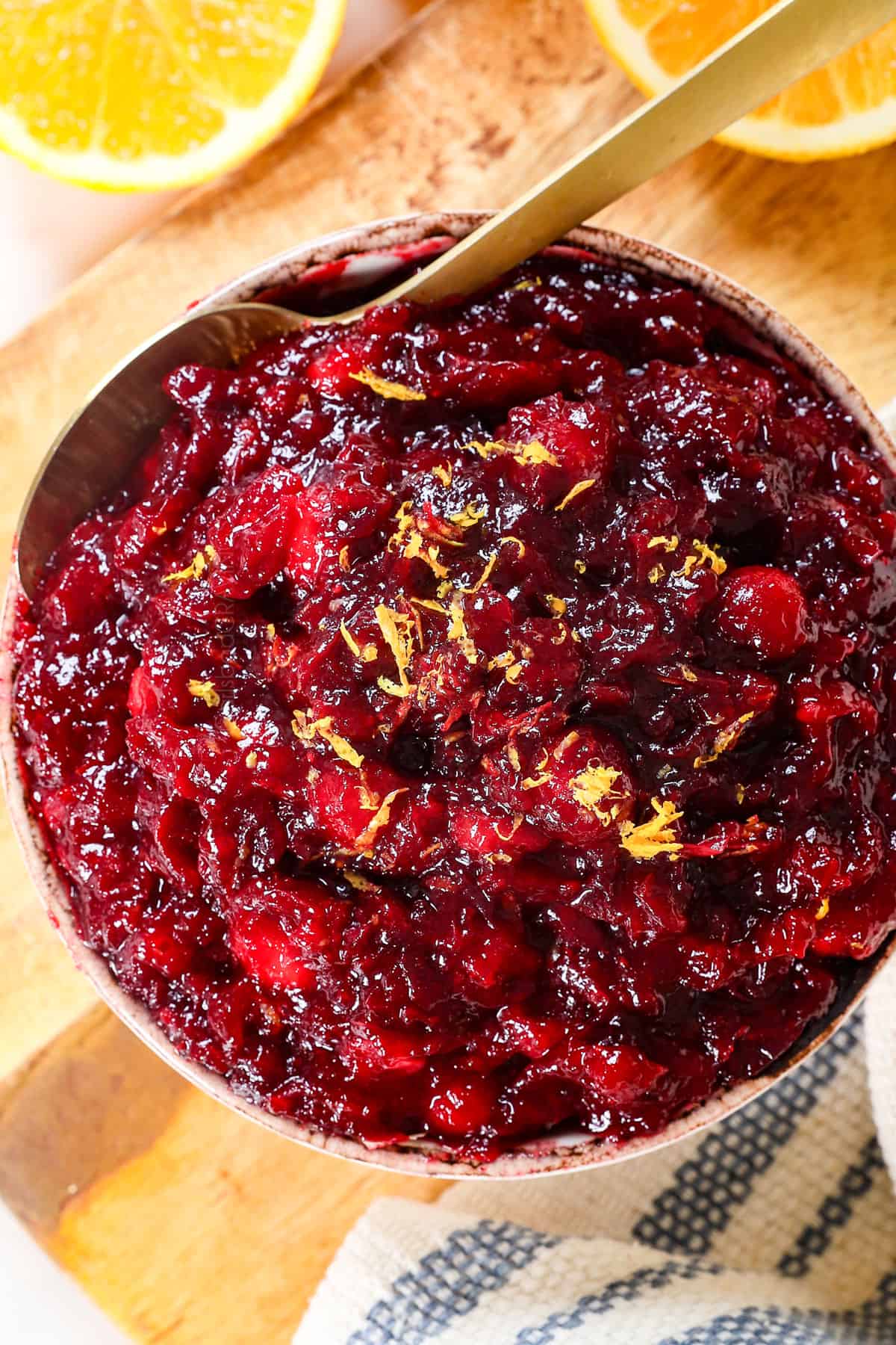 top view of homemade cranberry sauce garnished with orange zest