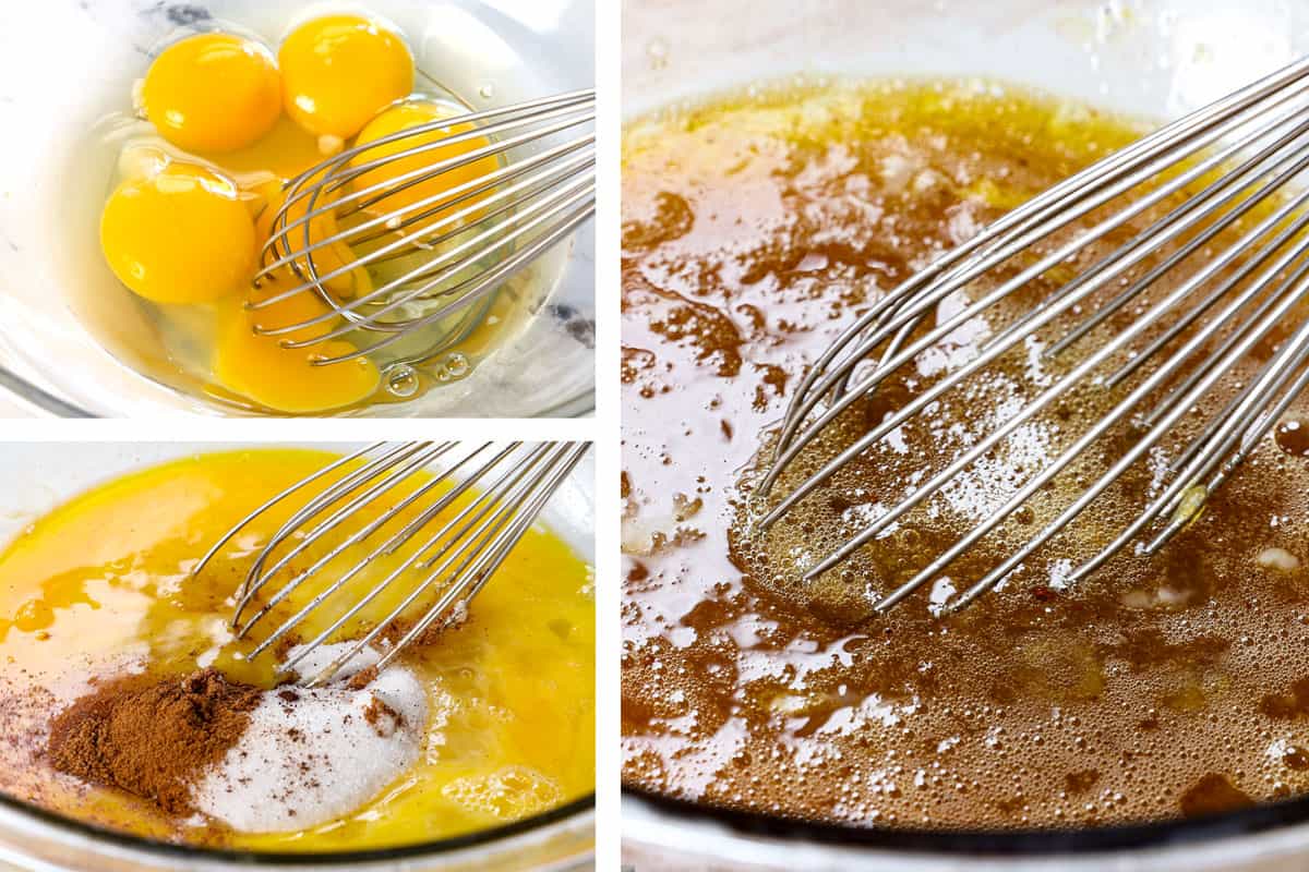 showing how to make custard by whisking the eggs and egg yolk in a medium bowl until combined, then whisk in the sugar, vanilla, and spices until evenly distributed.ย