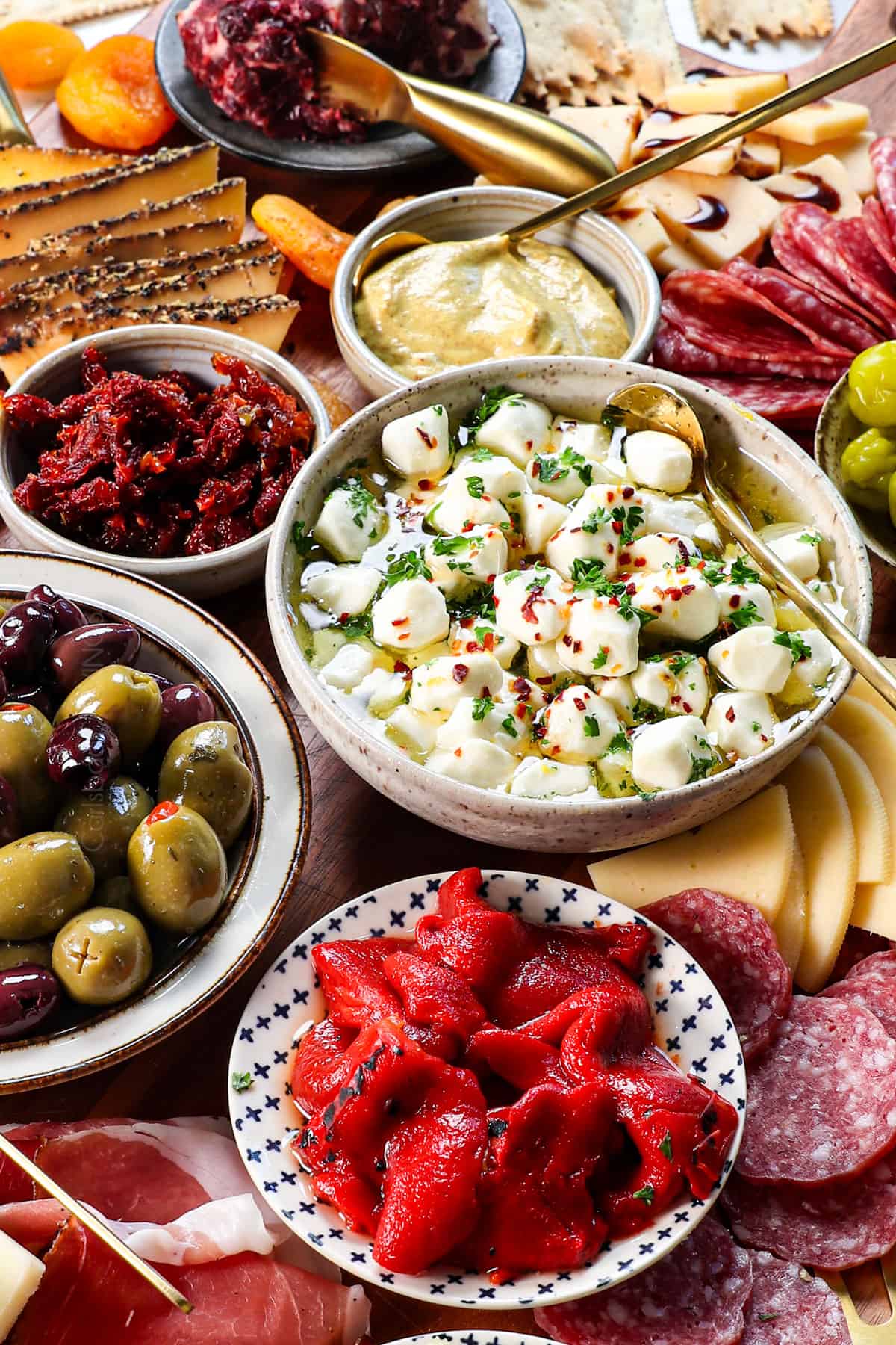 antipasto on a platter with salami, prosciutto, soppressata, Parmesan, provolone, mozzarella balls, marinated artichokes, roasted red peppers, pepperoncini, mustard, nuts, dried fruit