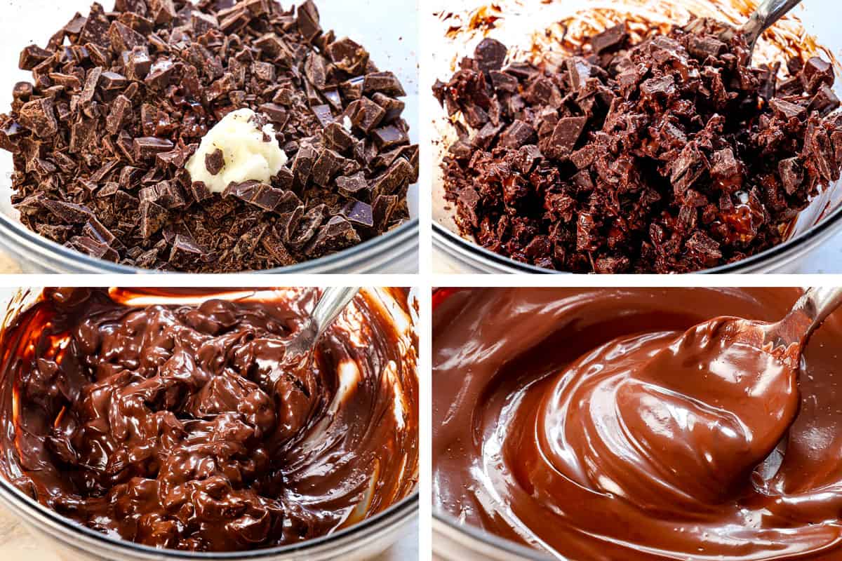 a collage showing how to make chocolate covered pretzels by melting chopped chocolate, vegetable oil and corn syrup in a bowl