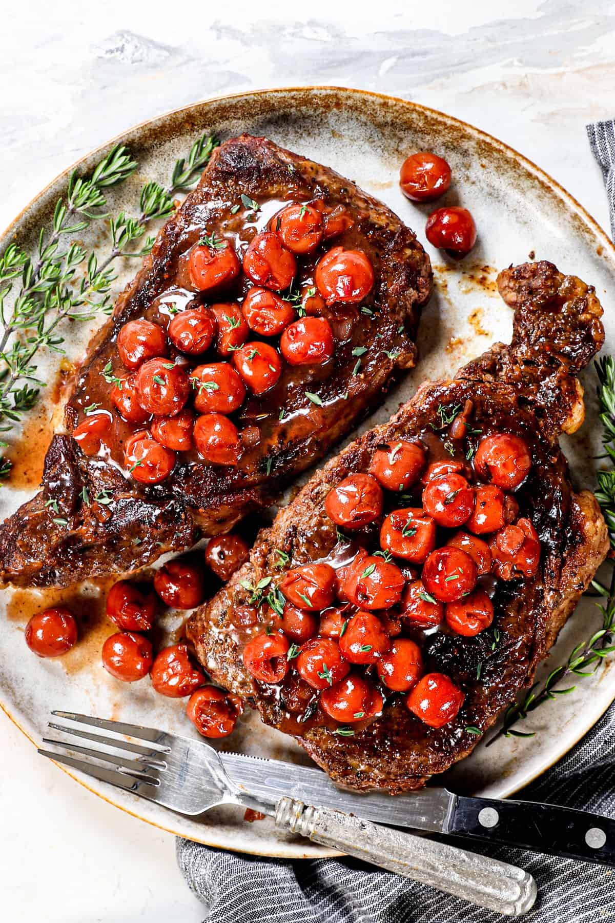 top view of ribeye steak recipe showing the beautiful sear and juiciness