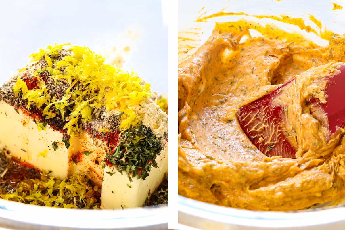 showing how to roast a whole chicken by making herb butter by mixing butter, lemon zest and herbs together