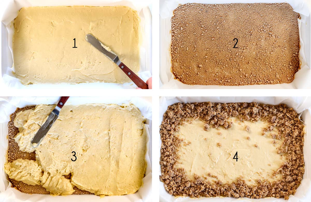 showing how to make coffee cake by adding the batter to the pan, topping with cinnamon filling, adding more batter, then topping with streusel