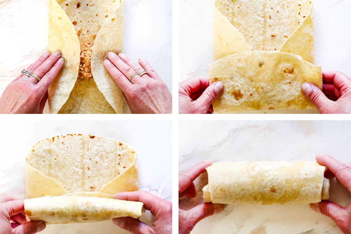 showing how to make chimichangas by illustrating how to fold a chimichanga