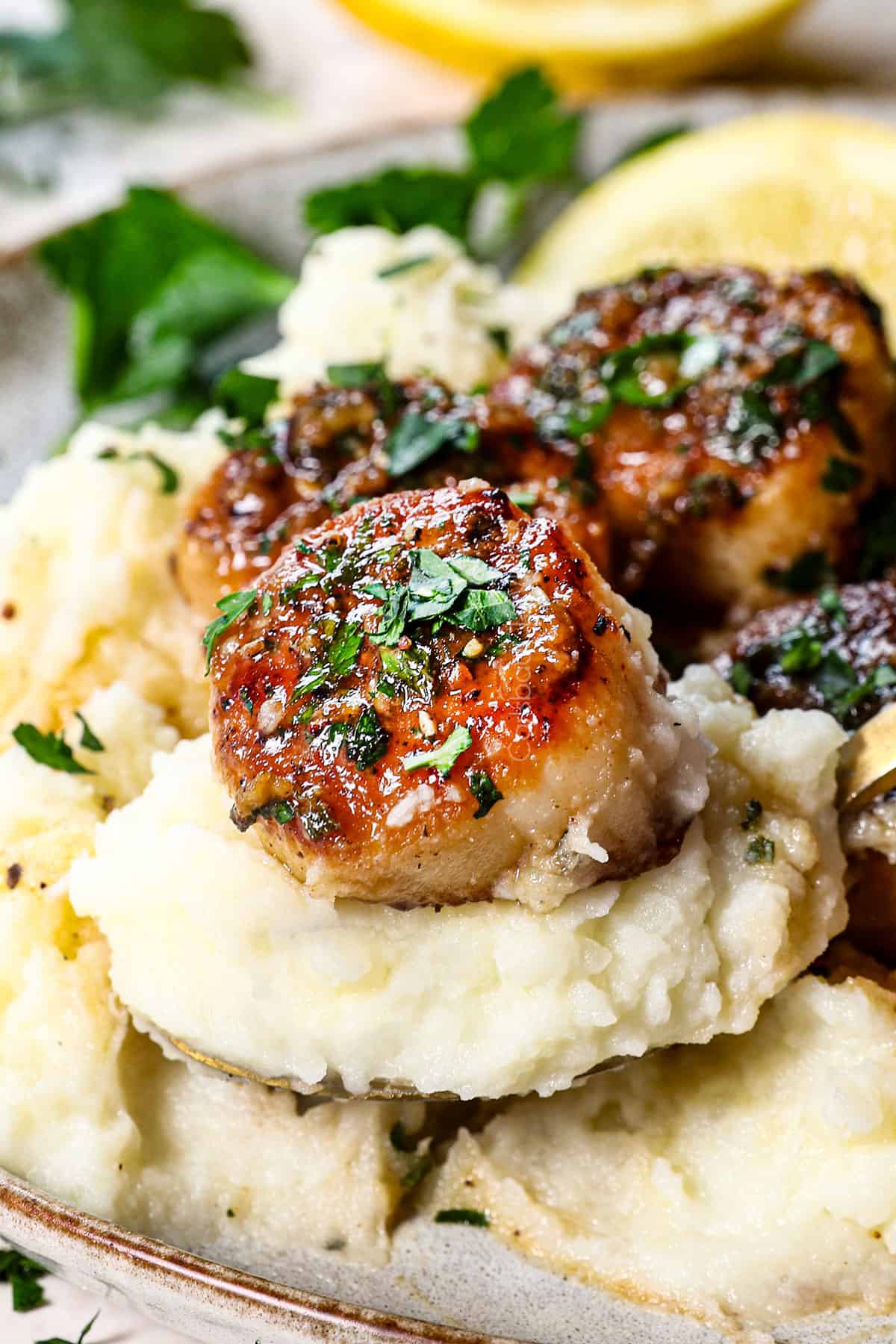 up close of scallop on a spoon showing the caramelization