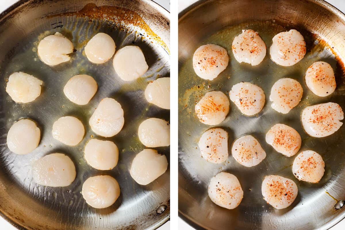 showing how to make pan seared scallops by pan searing the scallops on one side, while seasoning the top side with salt and pepper