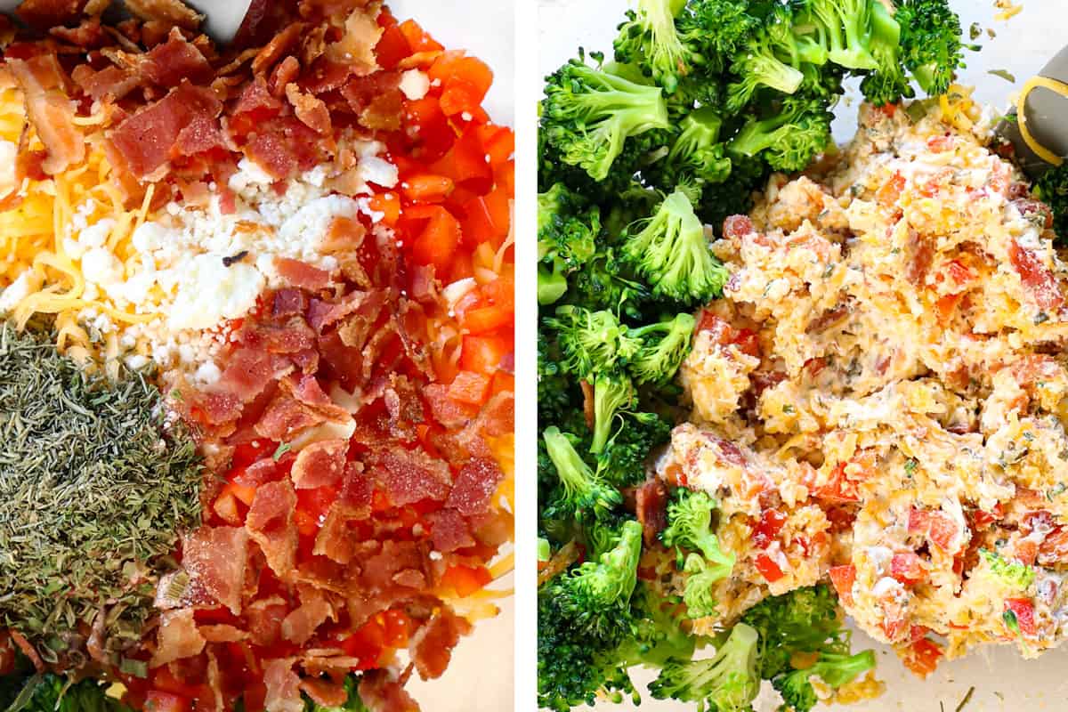 showing how to make stuffed chicken breast by stirring the filling ingredients together: broccoli, cheddar cheese, cream cheese, bell pepper, spices and bacon