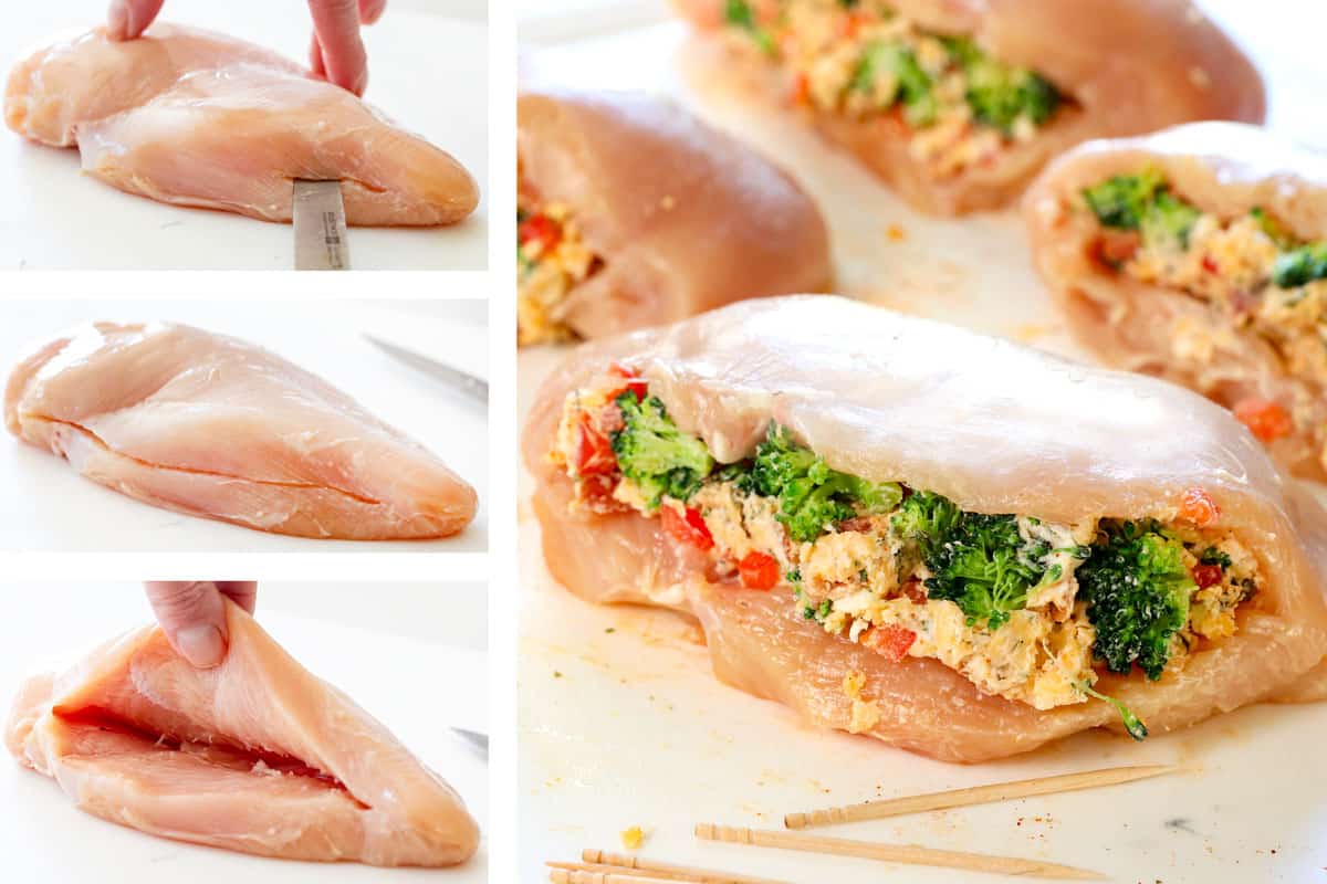 showing how to make stuffed chicken breasts by slicing the chicken and creating a pocket, opening the pocket, then adding the filling to the pocket