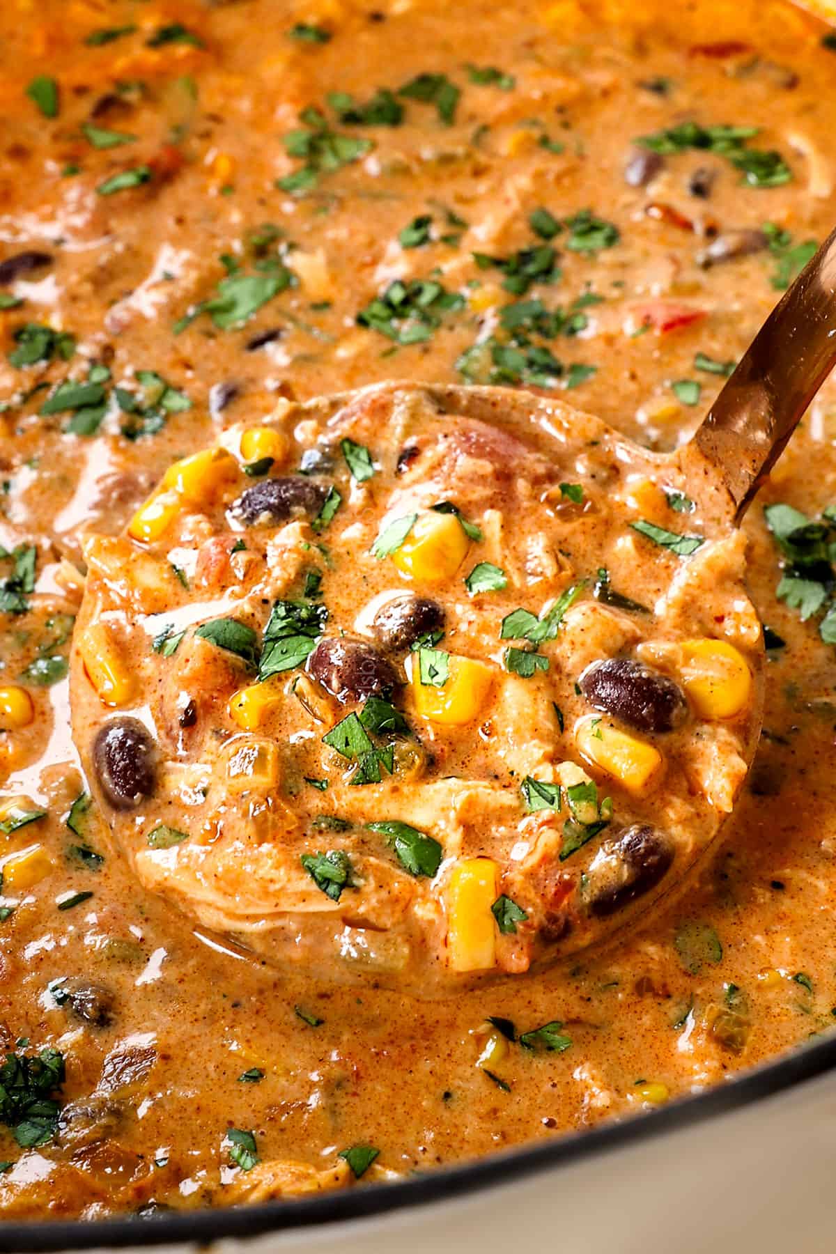 up close of a recipe for chicken taco soup showing the creaminess