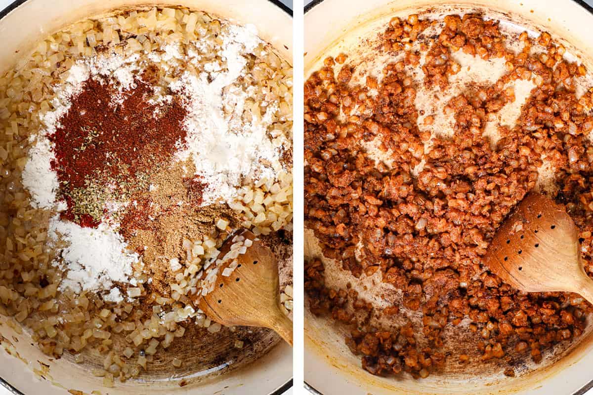 a collage showing how to make chicken taco soup by sautรฉing onions, then cooking the flour and apices