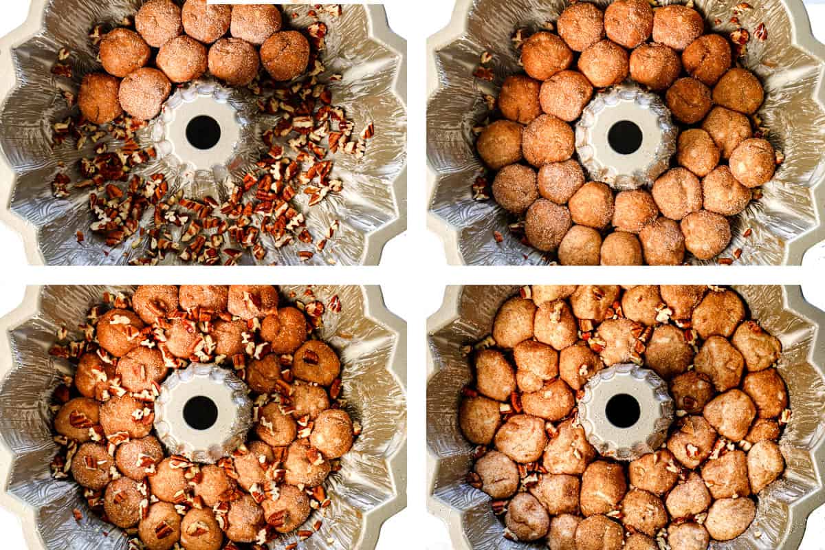showing how to make monkey bread by layering the pecans, then the dough balls, then more pecans, then dough balls, then pecans in a Bundt pan
