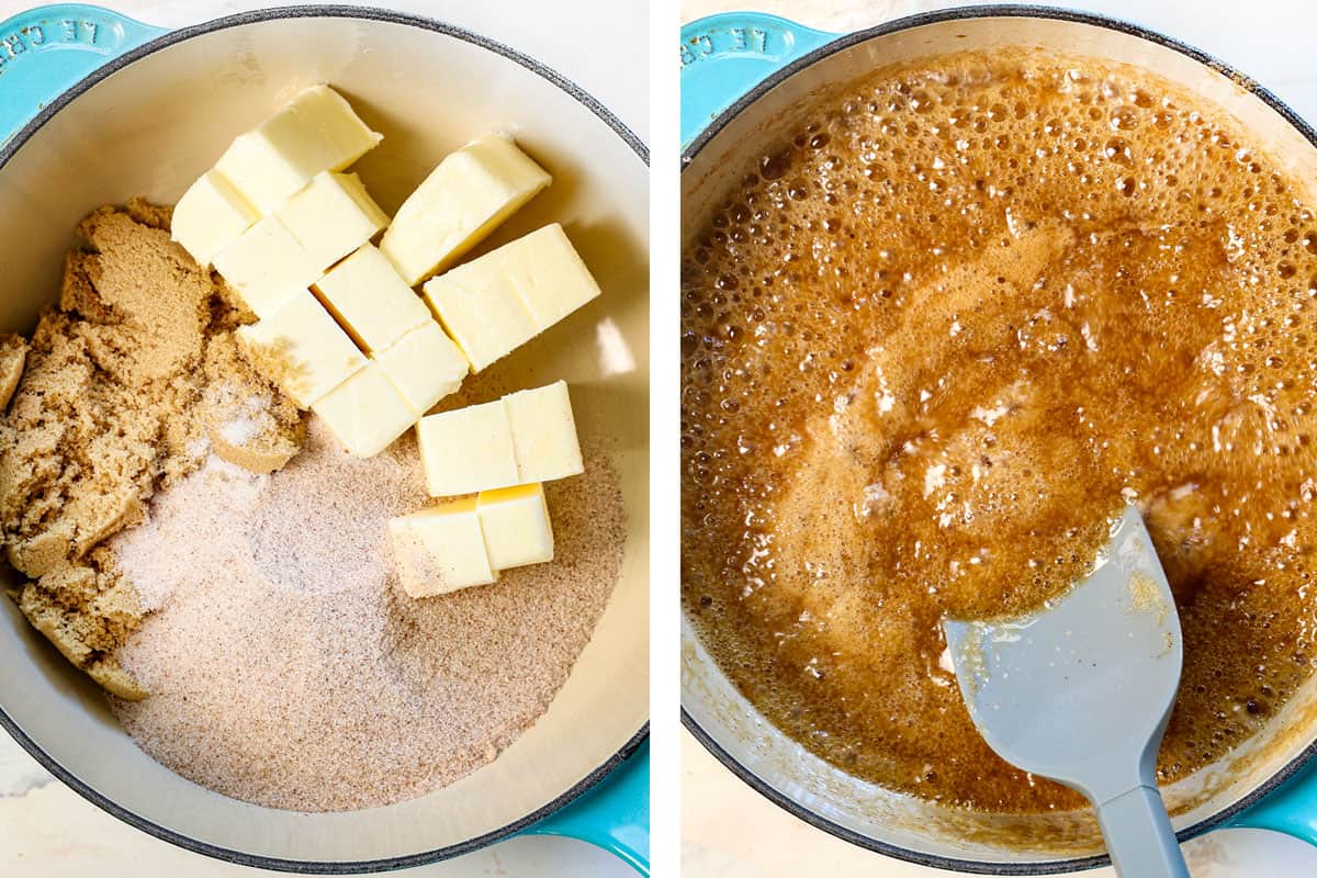 showing how to make monkey bread by combining the butter, brown sugar, and cinnamon and sugar mixture in a saucepan, then bringing to a boil