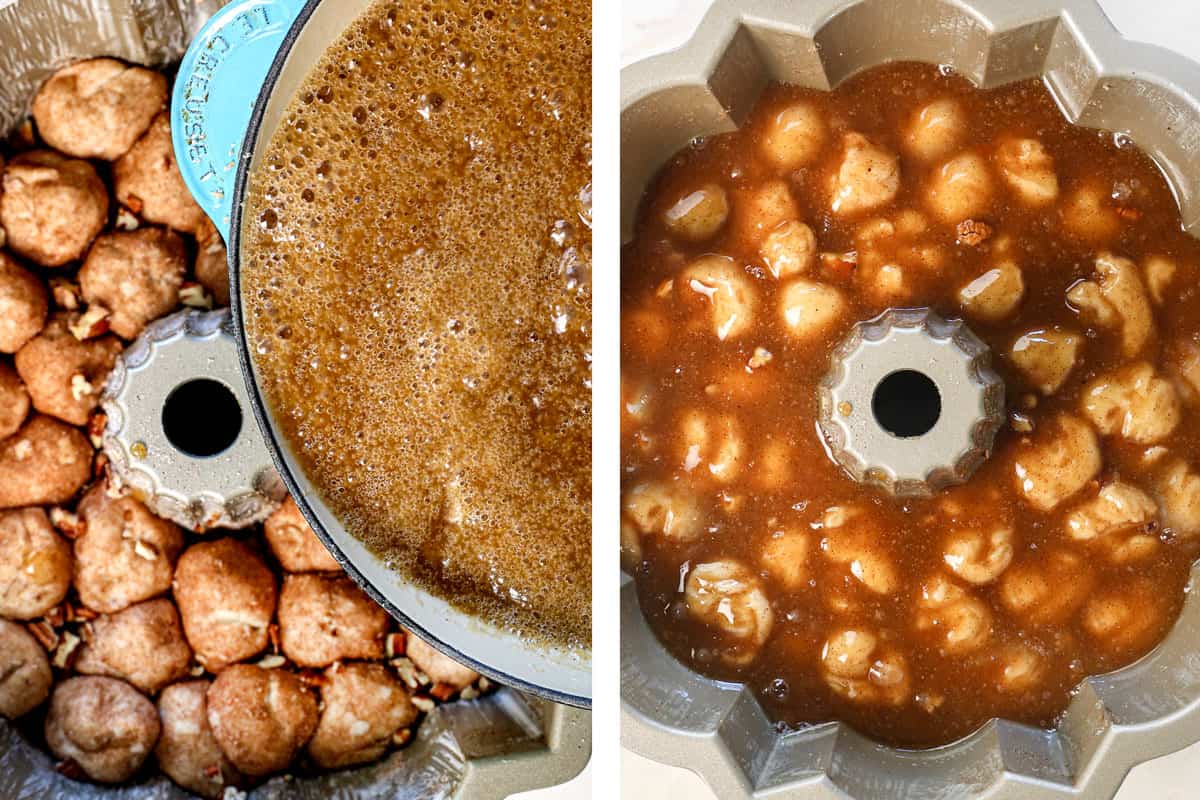 showing how to make monkey bread by drizzling the caramel sauce over the top