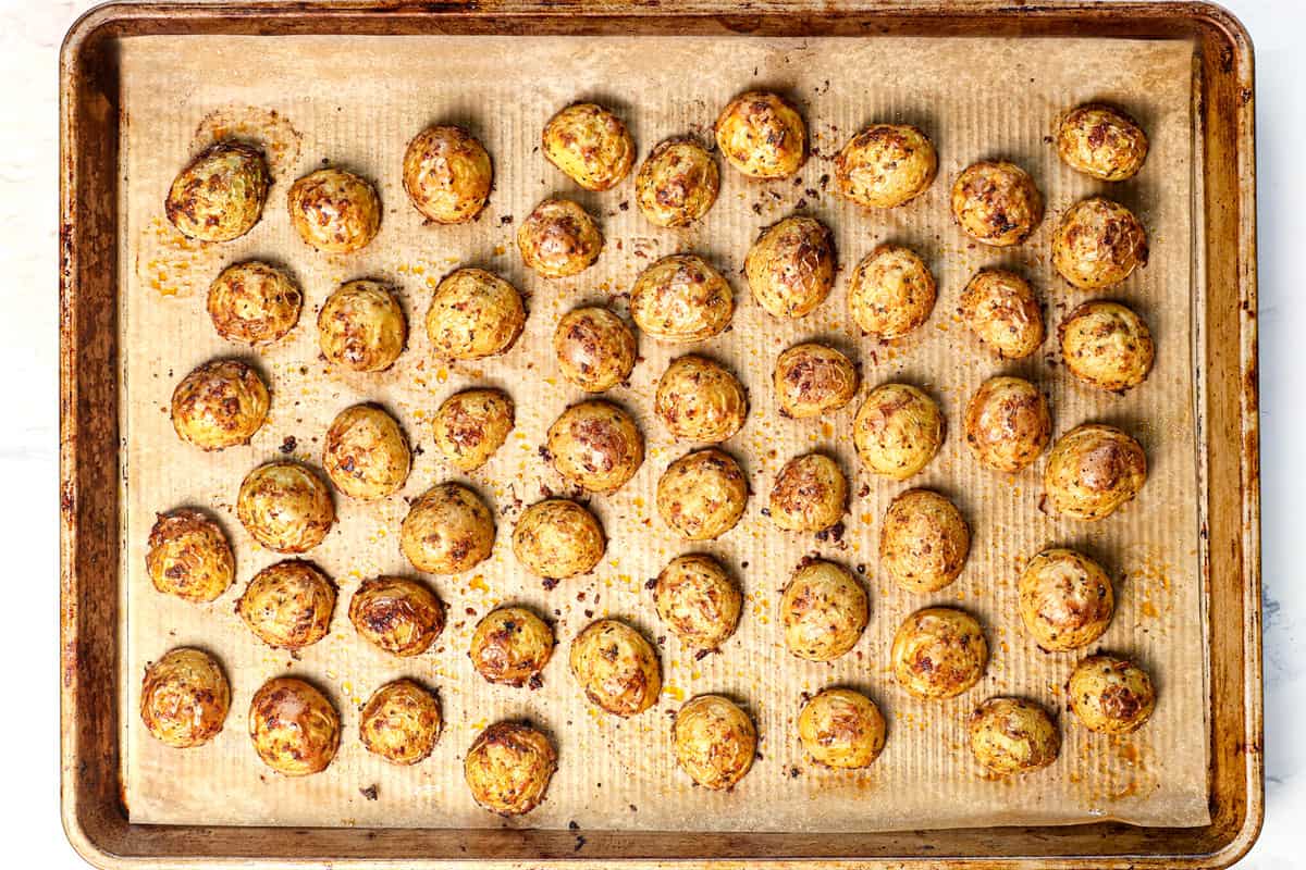 showing how to make roasted potatoes by roasting until fork tender, caramelized, and crispy