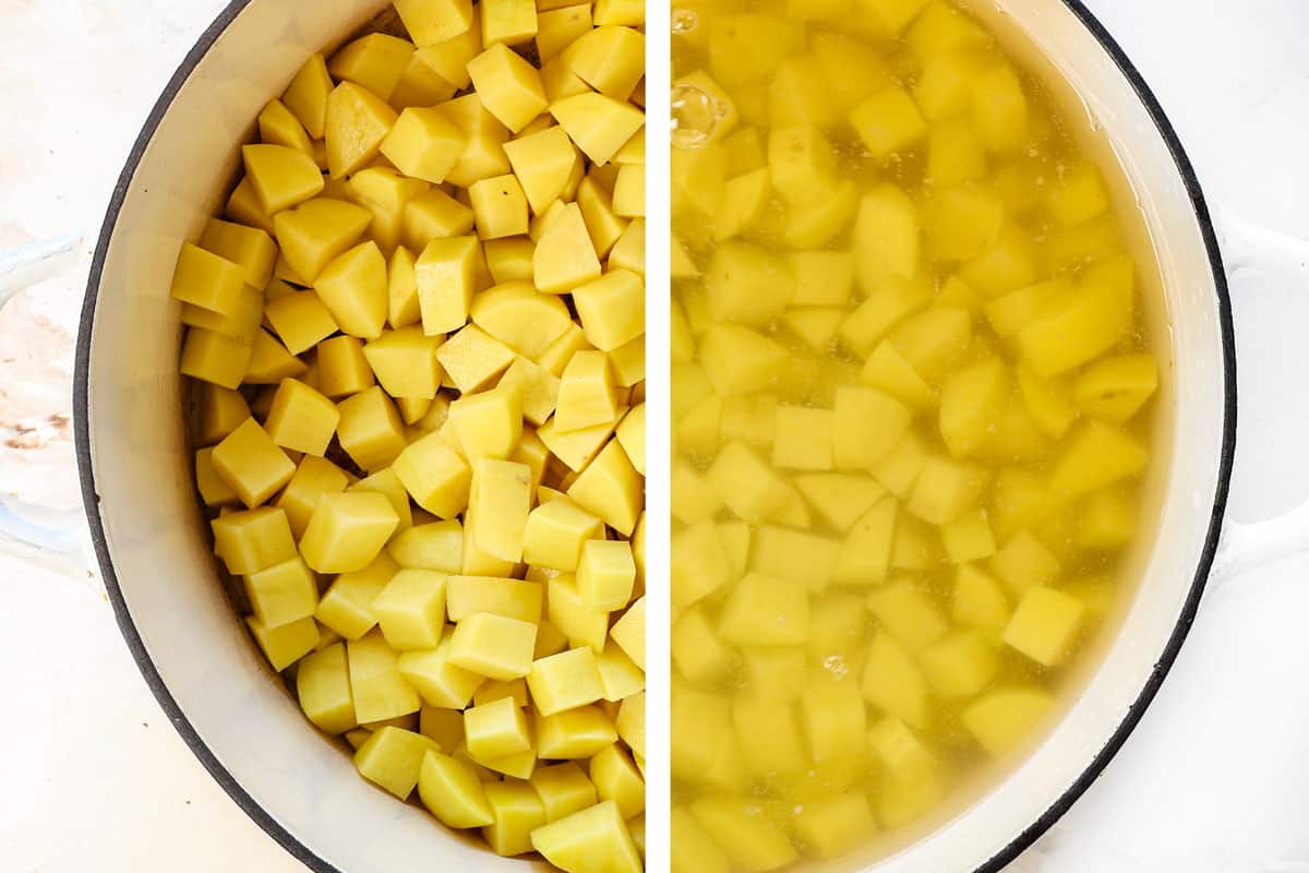 showing how to make cheesy potatoes by boiling diced potatoes until tender