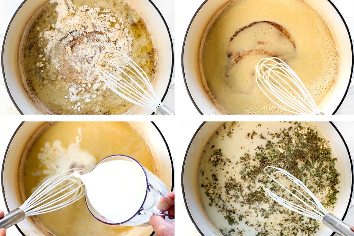 showing how to make cheesy potatoes by cooking the flour in melted butter for 2 minutes to make the roux. Gradually whisk in the milk and 1 ยฝ cups of chicken broth. Whisk the cornstarch with the remaining chicken broth, then add it to the pot. Next, add the Dijon, Worcestershire sauce, chives,ย chicken bouillon, and all the spices and spices.