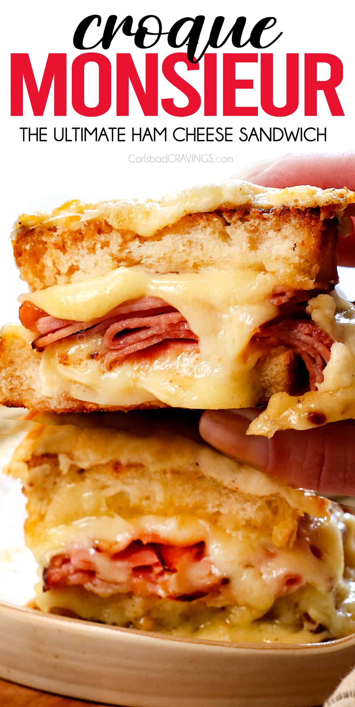 croque monsieur cut in half and stacked showing how cheesy it is