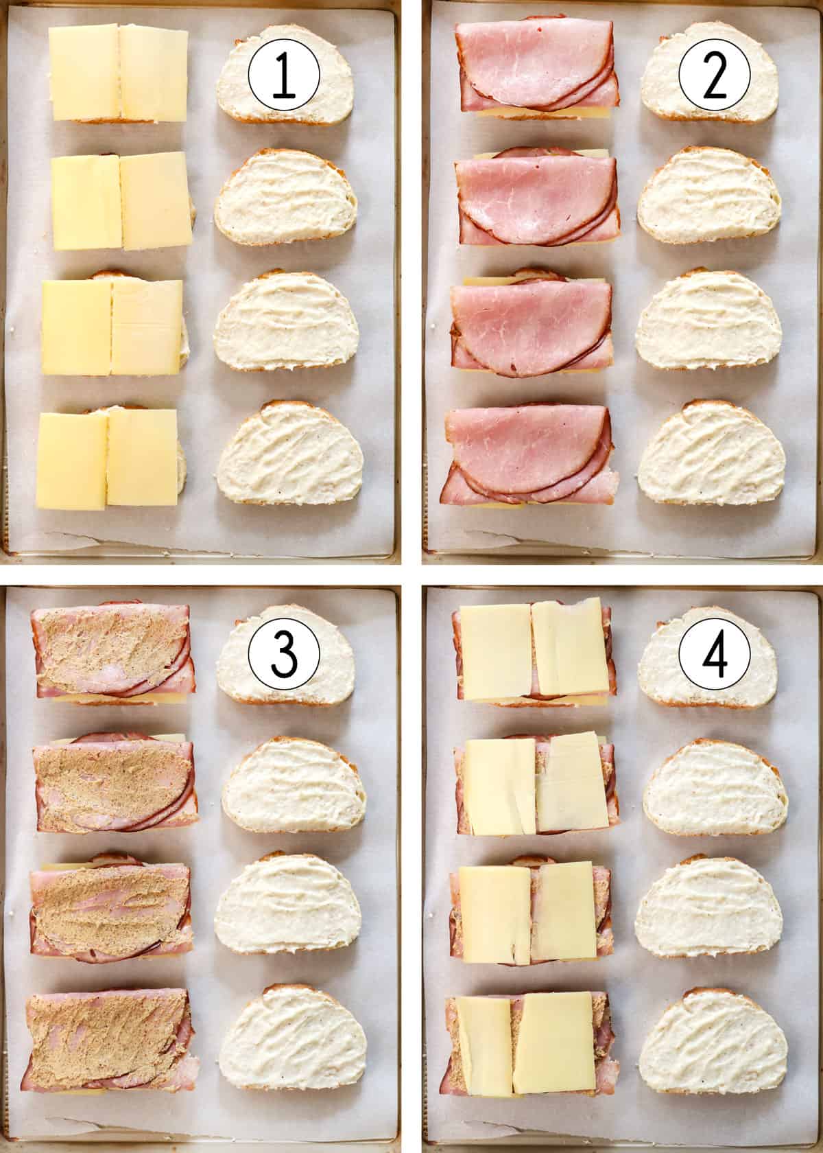 showing how to make croque monsieur by topping 4 slices of bread with Gruyere, then ham, then Dijon, then Gruyere, then top with bread bรฉchamel side down