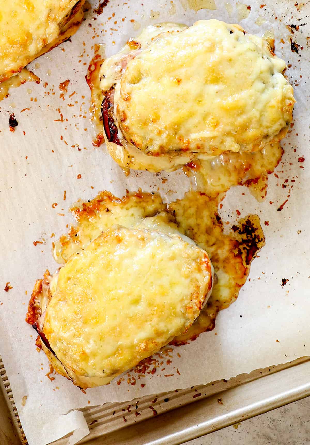 top view of croque-monsieur recipe showing the melted, golden, cheesy broiled tops