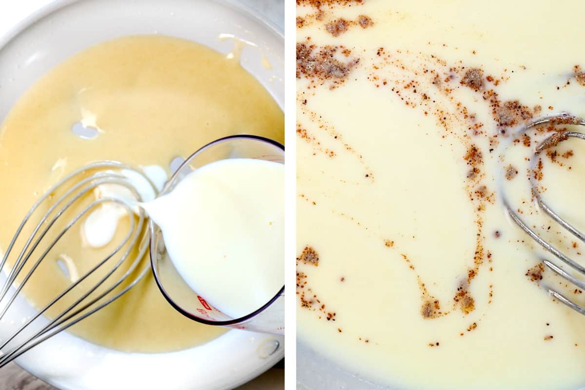 showing how to make croque monsieur by adding milk to make the bรฉchamel, then adding nutmeg, white pepper and salt