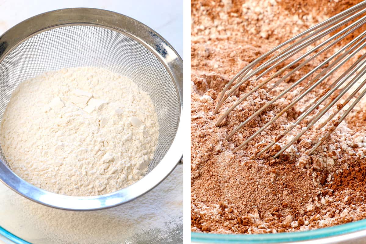 showing how to make German Chocolate Cake by sifting the flour, cocoa powder, sugar, and salt together in a bowl, then stirring to combine