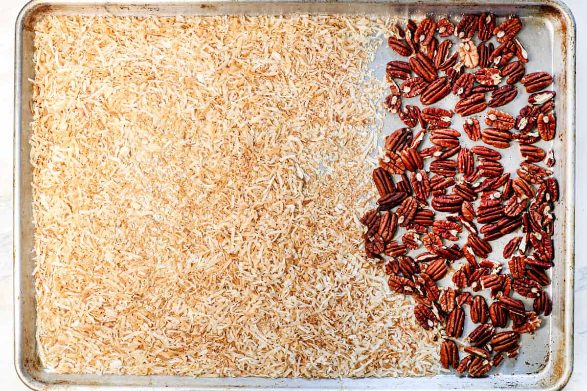 showing how to make German Chocolate Frosting for this German Chocolate Cake by toasting the pecans and coconut in the oven