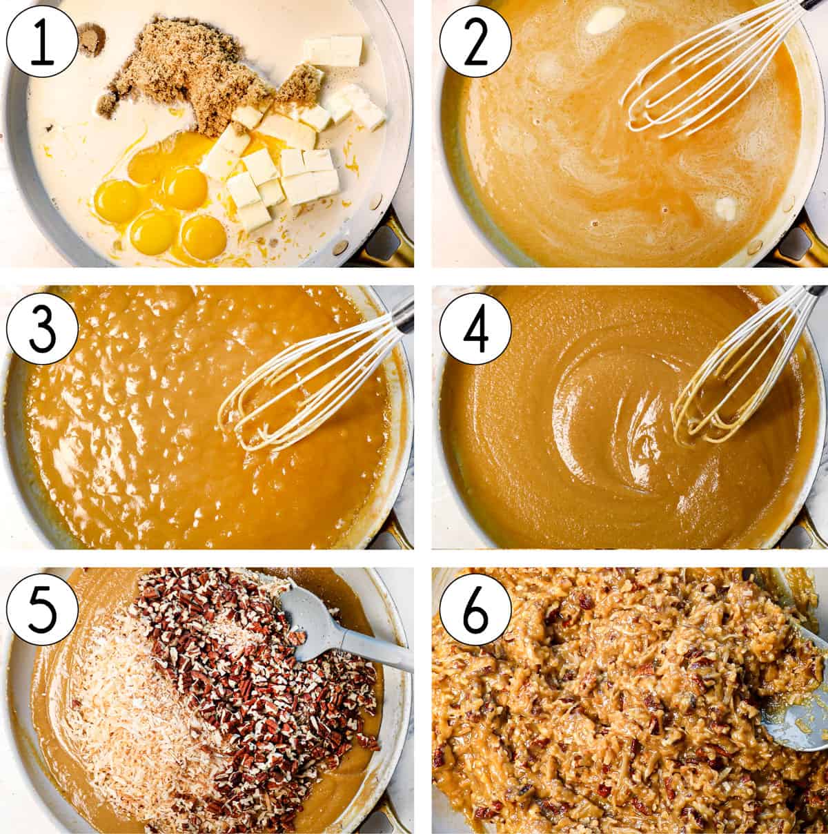 a collage showing how to make German Chocolate Frosting for German Chocolate cake by adding butter, brown sugar, egg yolks, evaporated milk, and salt to a large saucepan and cooking to melt the butter, then simmering until thickened, then whisking in the coconut and pecans.