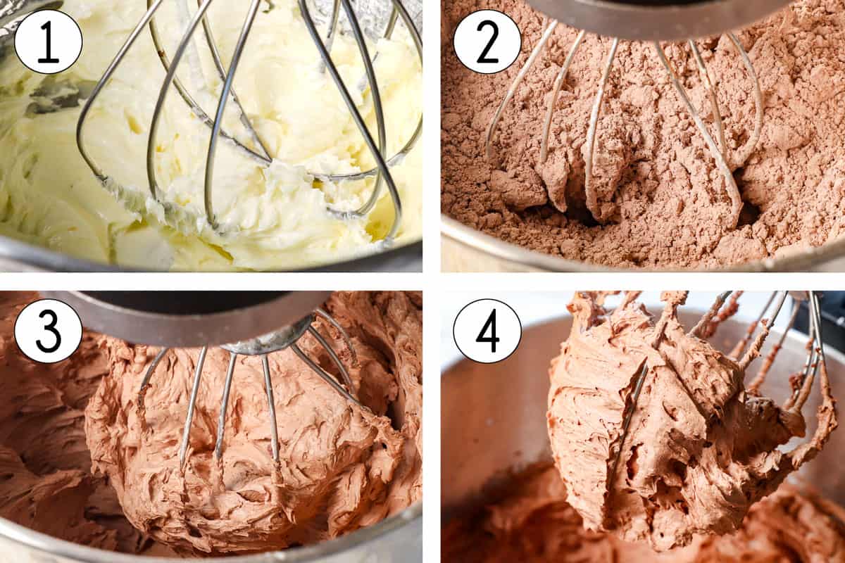 a collage showing how to make the German Chocolate cake recipe by making chocolate buttercream frosting by beating the butter until fluffy, adding the sifted cocoa powder and powdered sugar, then beating until fluffy