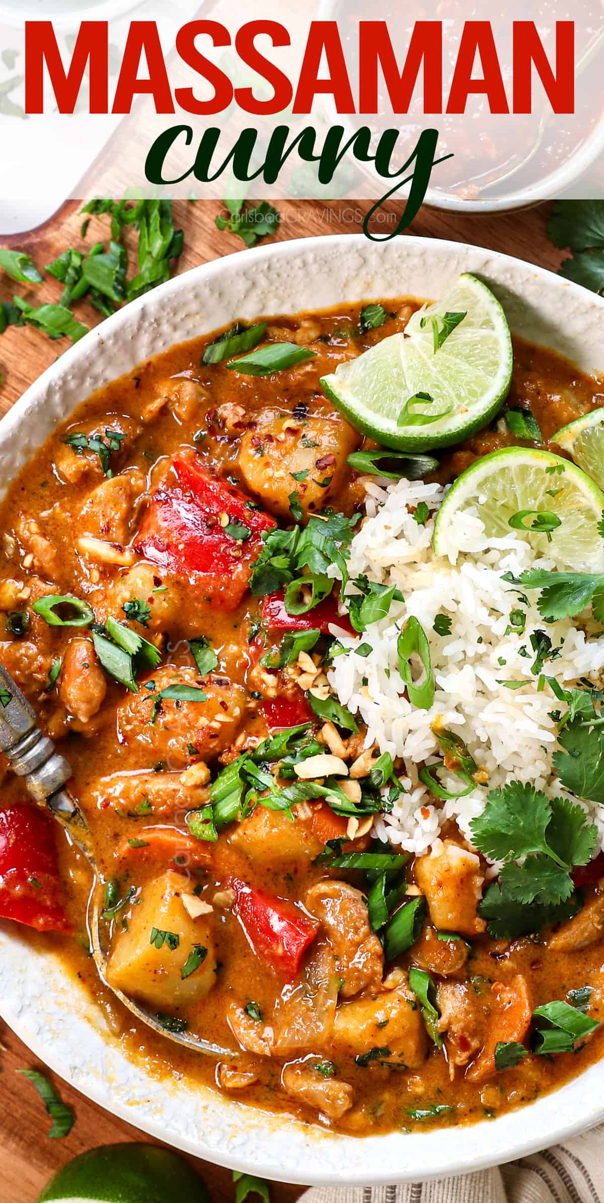 top view of serving massaman curry recipe in a bowl with rice
