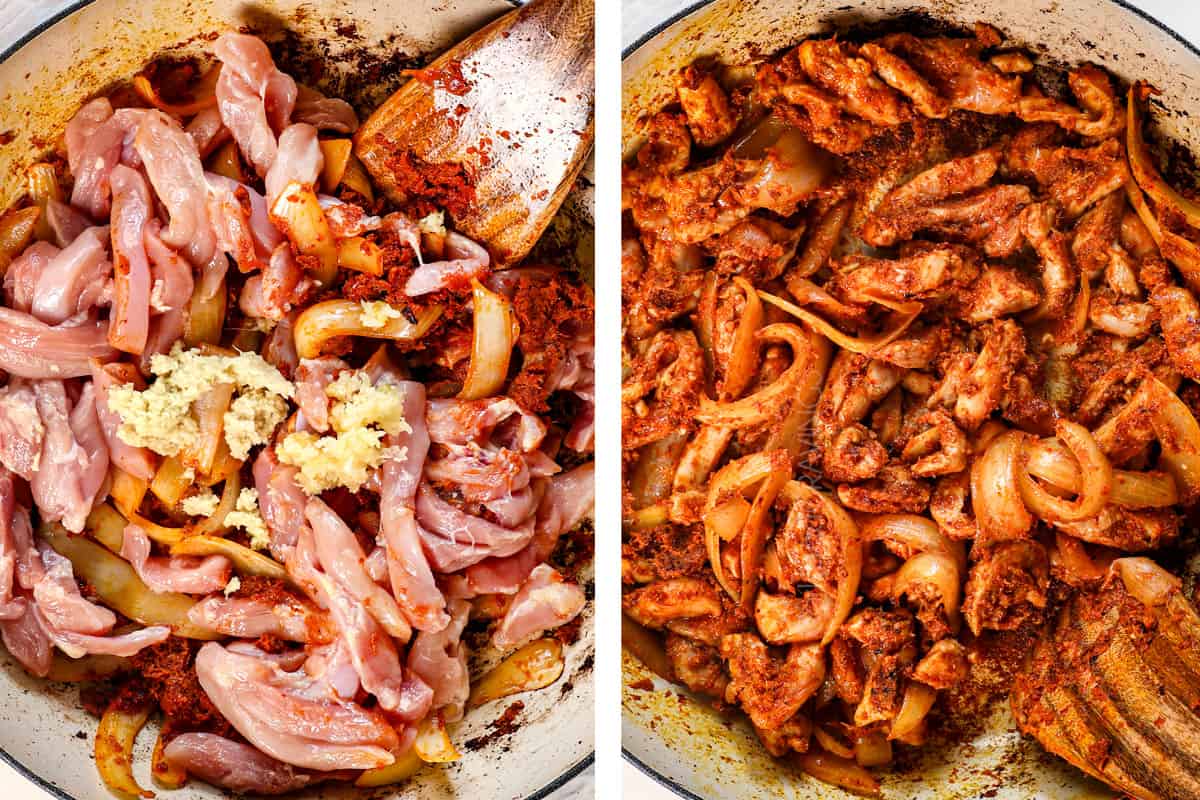 showing how to make massaman curry by sautรฉing the chicken, garlic, and ginger