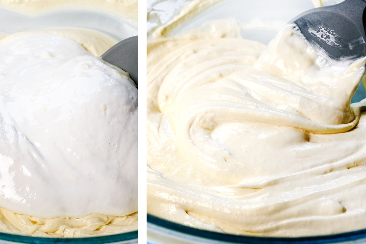showing how to make fruit dip by folding in the marshmallow fluff