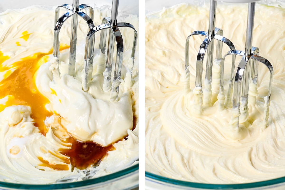 showing how to make fruit dip by beating in the vanilla yogurt, vanilla and orange juice concentrate