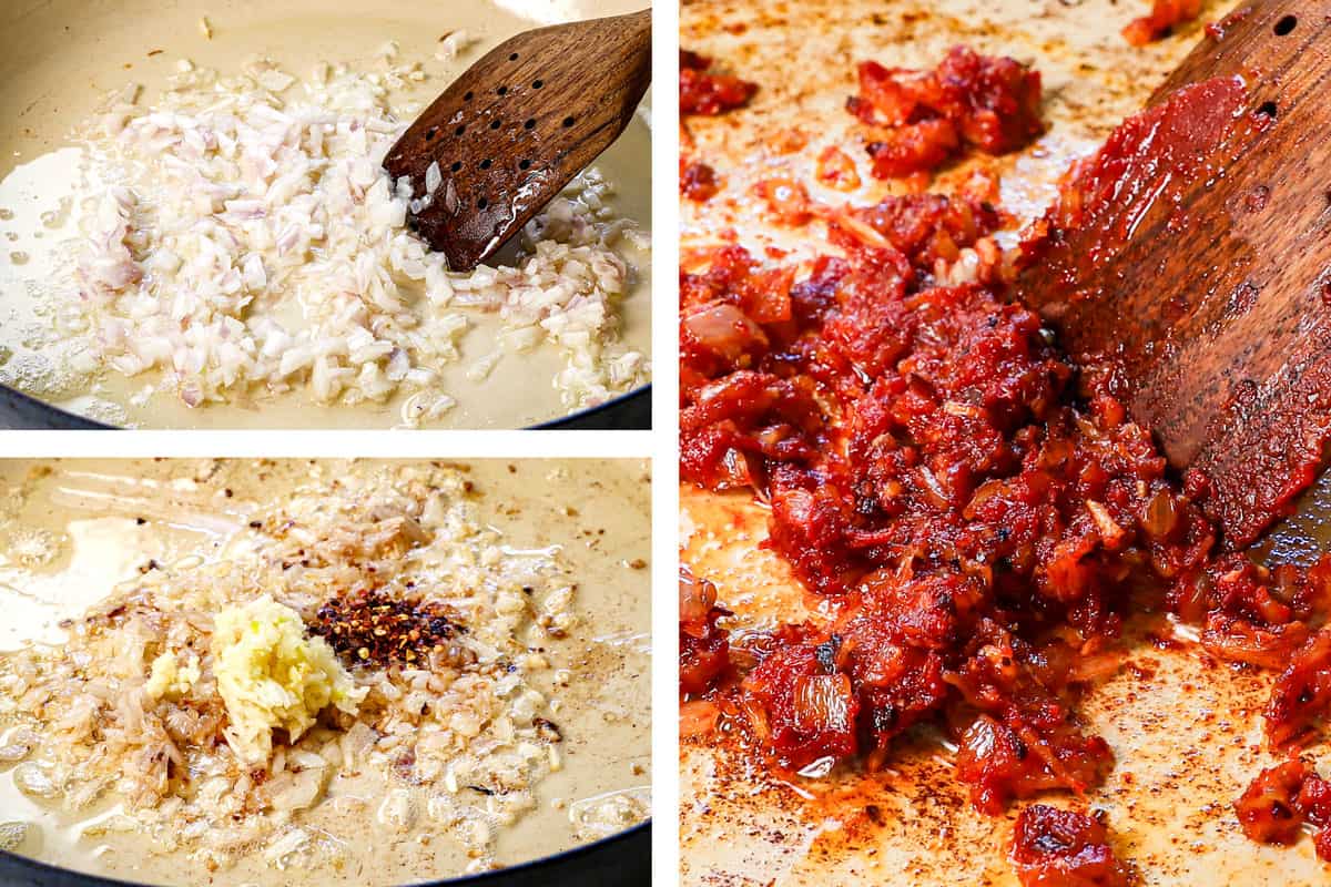 how to make pink sauce by sauteing shallots, then adding garlic and red pepper flakes and sautรฉing, then sautรฉing with tomato paste