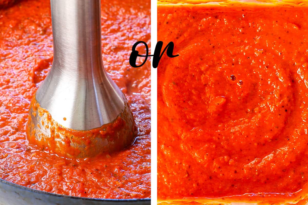 showing how to make pink sauce by pureeing the sauce with an immersion blender or in a blender until smooth