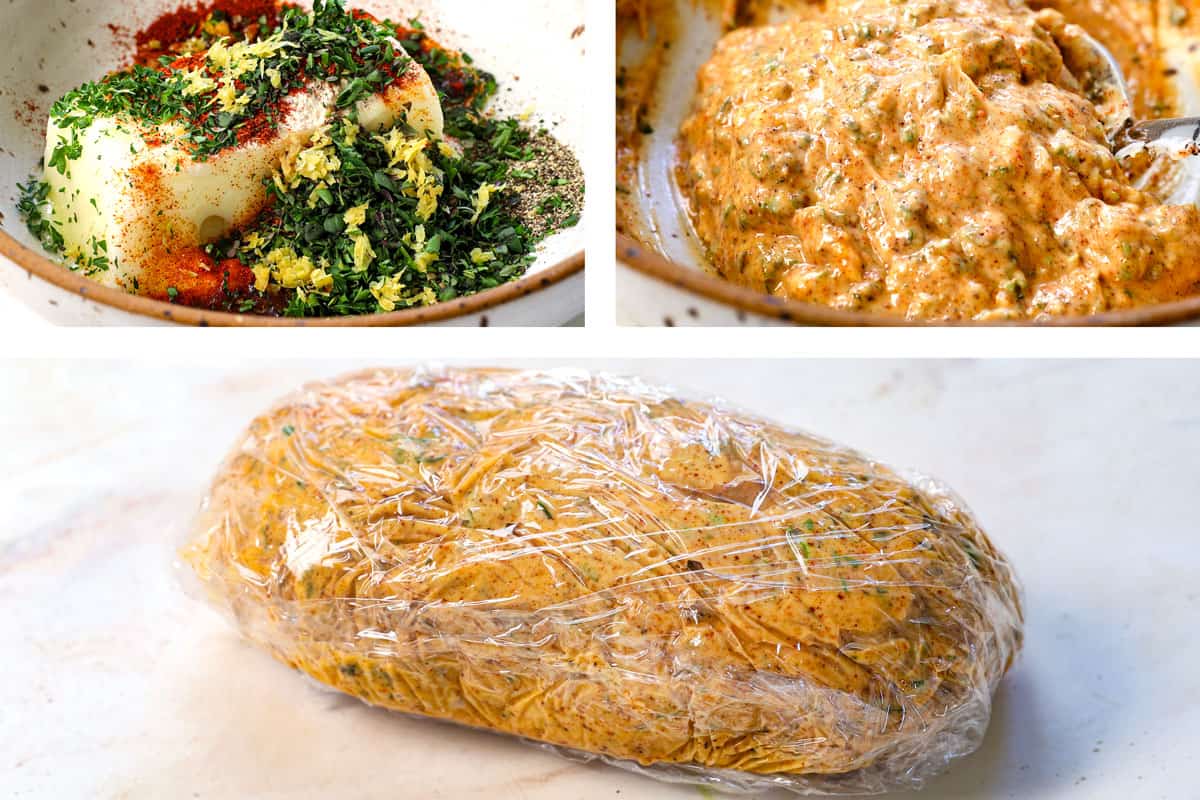 Showing how to cook tomahawk steak by making the compound butter by mashing butter, herbs, and lemon zest together, then rolling up into a log shape in plastic wrap