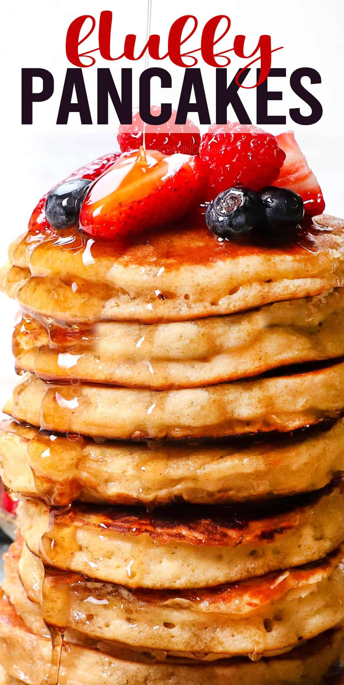up close of pancakes in a stack showing how fluffy they are